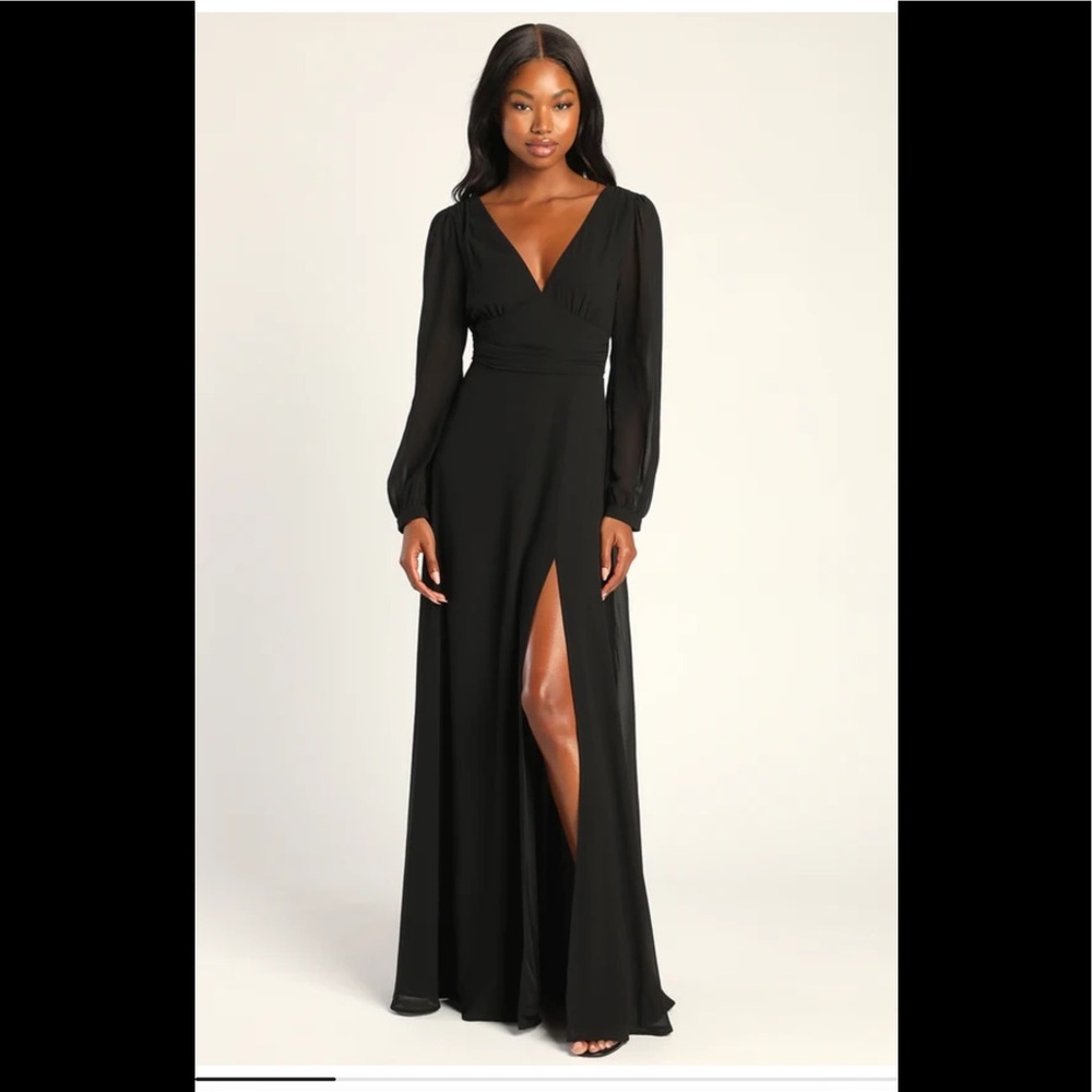 Lulus Black Maxi Dress Long Sleeve Slit | XL | Formal Wedding Guest